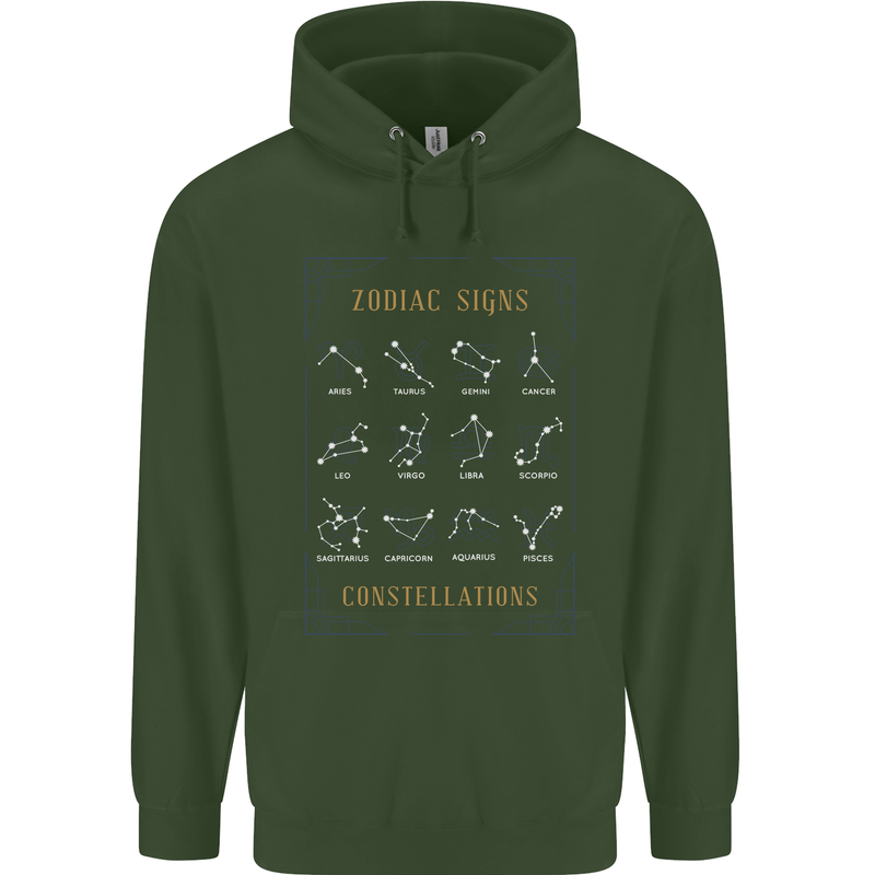 Zodiac Sign Constellations Mens 80% Cotton Hoodie Forest Green
