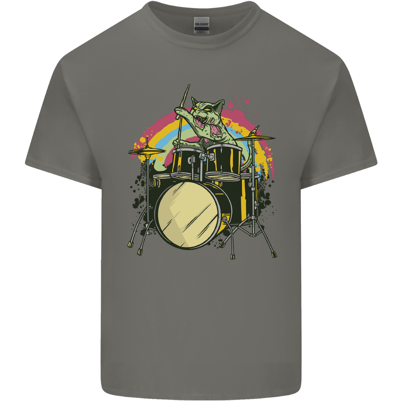 Zombie Cat Drummer Mens Cotton T-Shirt Tee Top Charcoal