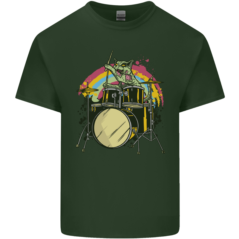 Zombie Cat Drummer Mens Cotton T-Shirt Tee Top Forest Green