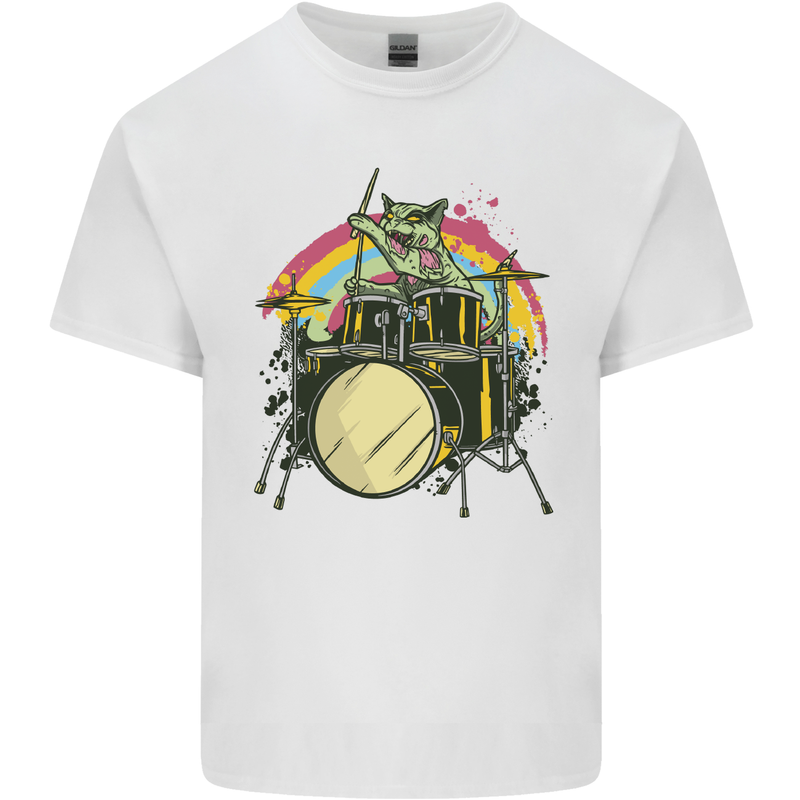 Zombie Cat Drummer Mens Cotton T-Shirt Tee Top White