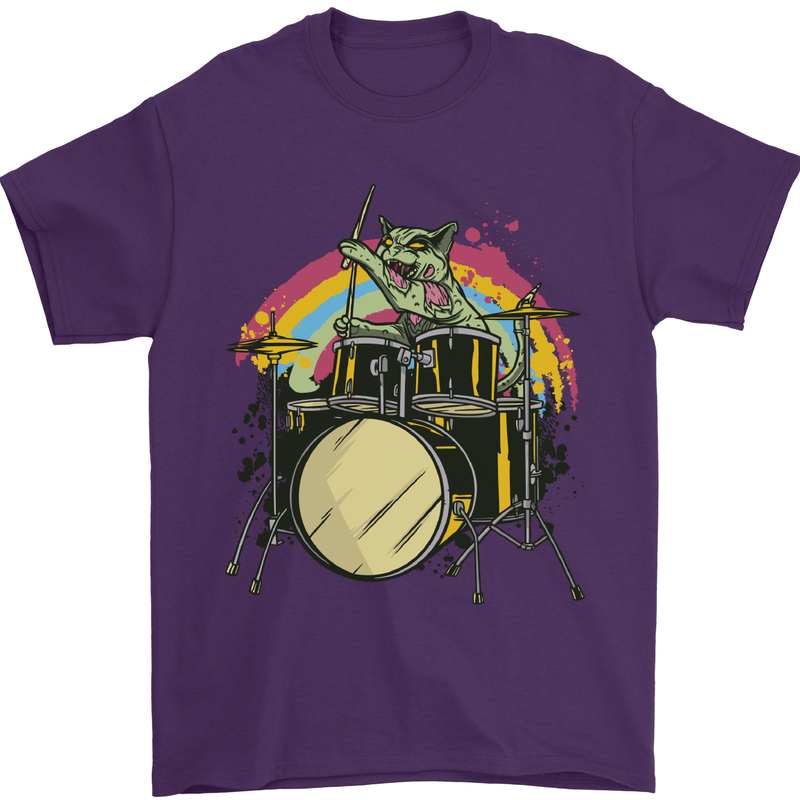 Zombie Cat Drummer Mens T-Shirt Cotton Gildan Purple