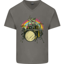 Zombie Cat Drummer Mens V-Neck Cotton T-Shirt Charcoal