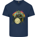 Zombie Cat Drummer Mens V-Neck Cotton T-Shirt Navy Blue
