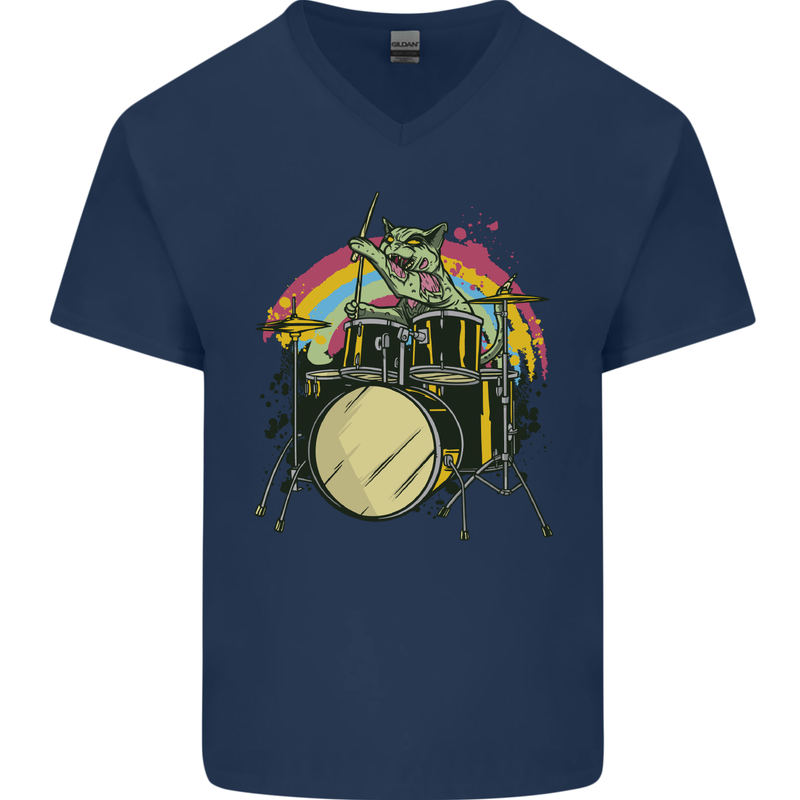 Zombie Cat Drummer Mens V-Neck Cotton T-Shirt Navy Blue