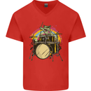 Zombie Cat Drummer Mens V-Neck Cotton T-Shirt Red