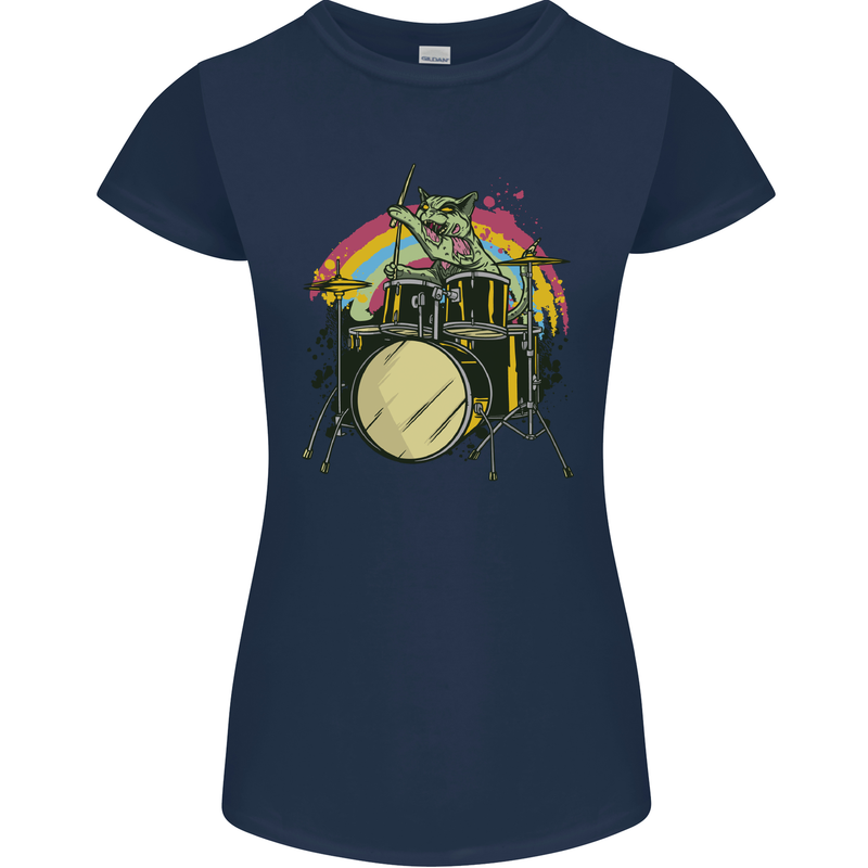 Zombie Cat Drummer Womens Petite Cut T-Shirt Navy Blue