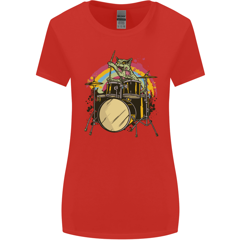 Zombie Cat Drummer Womens Wider Cut T-Shirt Red