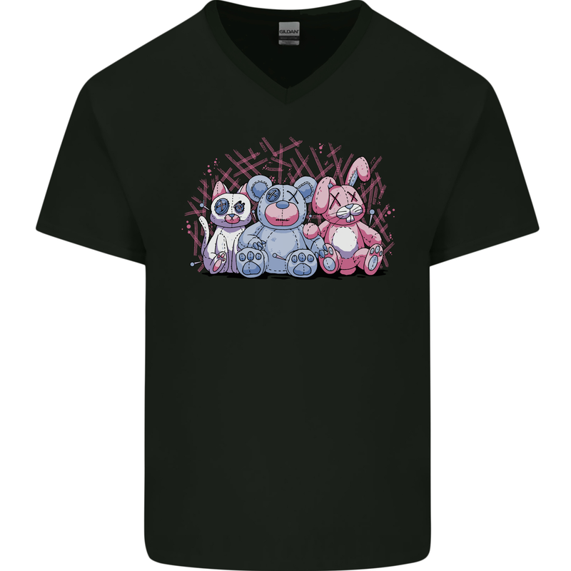 Zombie Cat Rabbit Bear Halloween Gothic Mens V-Neck Cotton T-Shirt Black