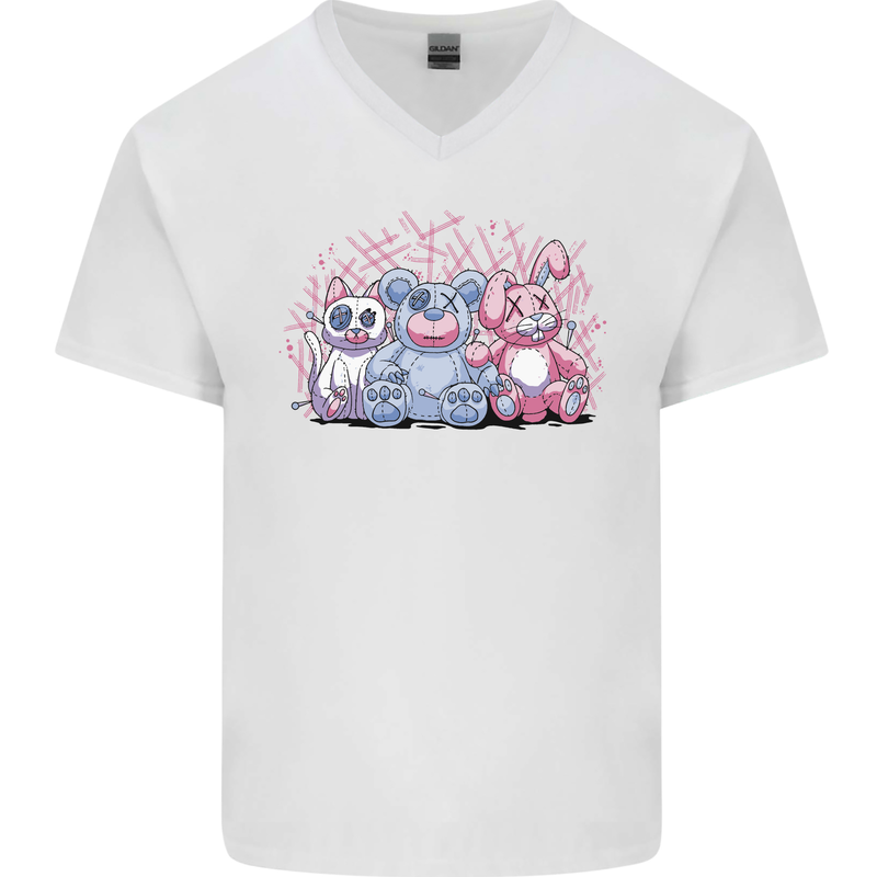 Zombie Cat Rabbit Bear Halloween Gothic Mens V-Neck Cotton T-Shirt White