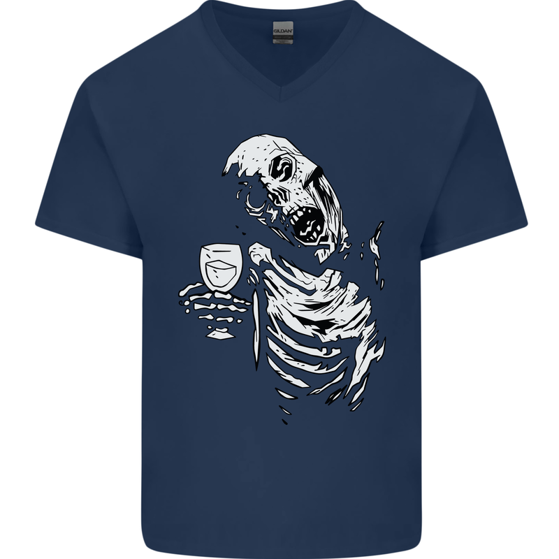 Zombie Cheer Skull Halloween Alcohol Beer Mens V-Neck Cotton T-Shirt Navy Blue