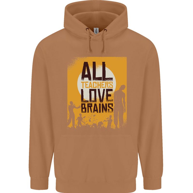 Zombie Teacher Love Brains Halloween Funny Mens 80% Cotton Hoodie Caramel Latte