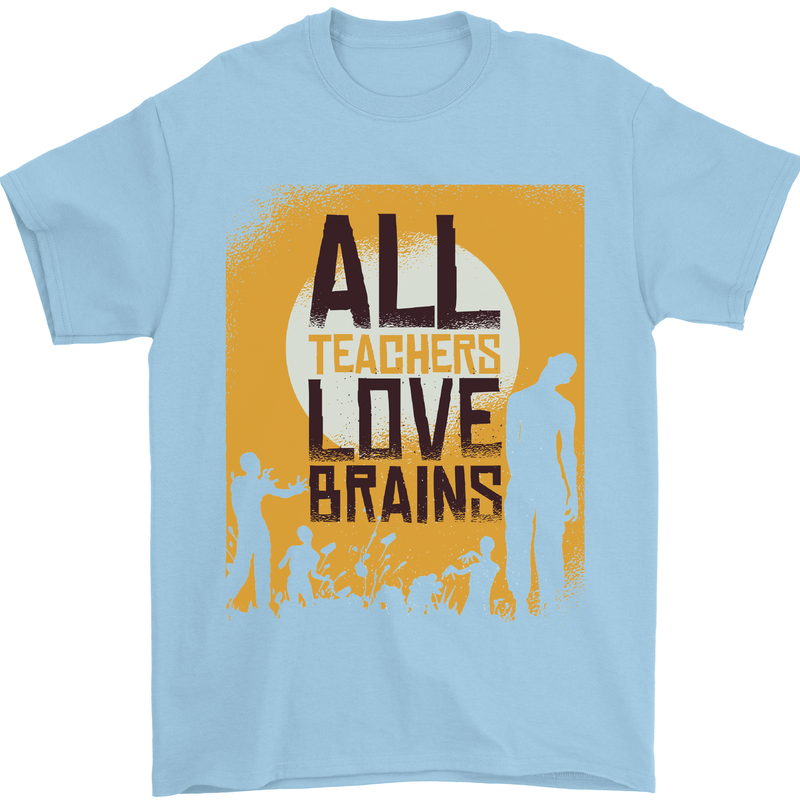 Zombie Teacher Love Brains Halloween Funny Mens T-Shirt Cotton Gildan Light Blue