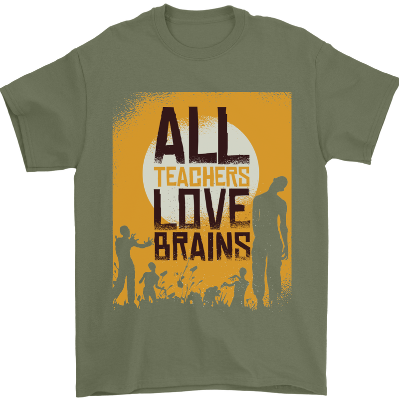 Zombie Teacher Love Brains Halloween Funny Mens T-Shirt Cotton Gildan Military Green