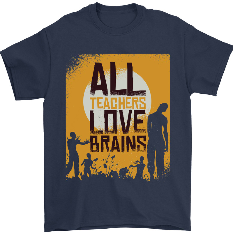 Zombie Teacher Love Brains Halloween Funny Mens T-Shirt Cotton Gildan Navy Blue