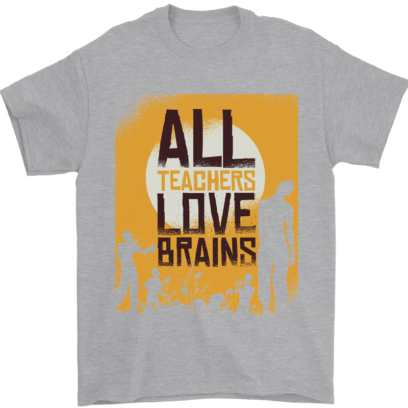Zombie Teacher Love Brains Halloween Funny Mens T-Shirt Cotton Gildan Sports Grey