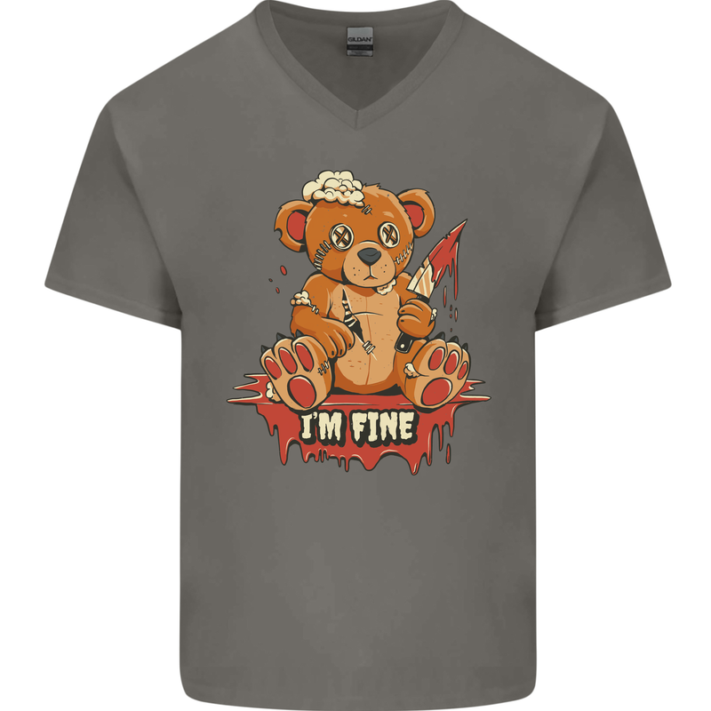 Zombie Teddy Bear Halloween Gothic Murder Mens V-Neck Cotton T-Shirt Charcoal