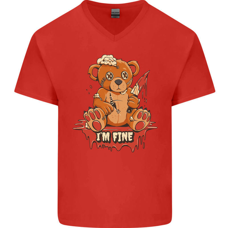Zombie Teddy Bear Halloween Gothic Murder Mens V-Neck Cotton T-Shirt Red