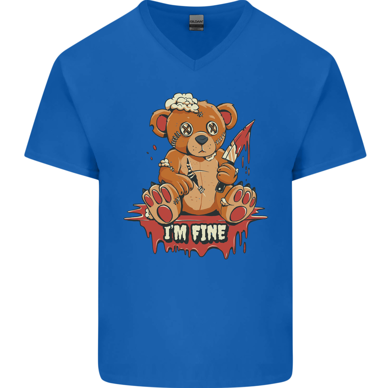Zombie Teddy Bear Halloween Gothic Murder Mens V-Neck Cotton T-Shirt Royal Blue