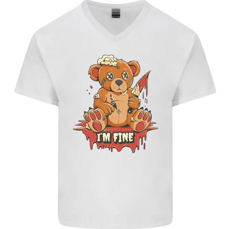 Zombie Teddy Bear Halloween Gothic Murder Mens V-Neck Cotton T-Shirt White